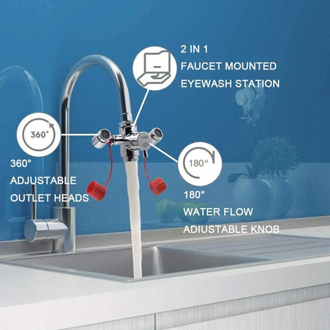 Faucet Mounted Eyewash Station Kit For Emergency Eyewash And First Aid OSHA Approved Easy Install attached to kitchen sink.