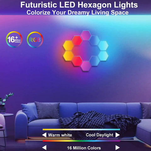 Lit RGB Hexagon LED Panel Lights for Wall in living room; vibrant colors; 7-panel pack; smart app control; DIY geometric decor