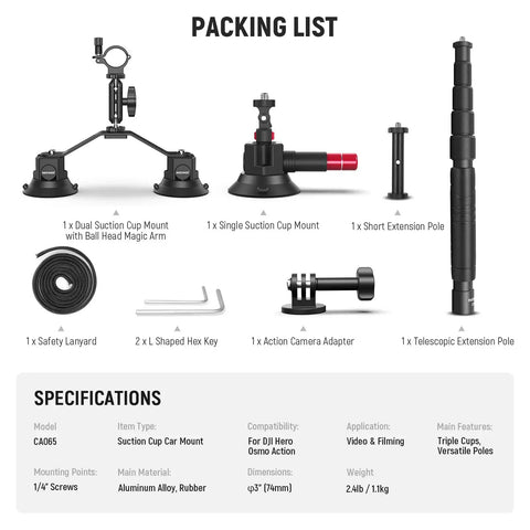 Packing list of Triple Suction Cup Car Mount Kit For Dope POV Driving Shots With Insta360 X5 X4 GoPro DJI Osmo 360 Cameras.