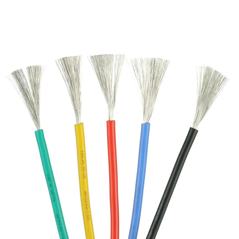 16 AWG Flexible Silicone Wire Hookup Kit With Heat Shrink Tubing Multicolor 13.12 Ft Per Color Includes Mini Wire Stripper High Temp Minus 60C To 200C 600V Rating Great For DIY Projects showing five color wires with tinned ends.