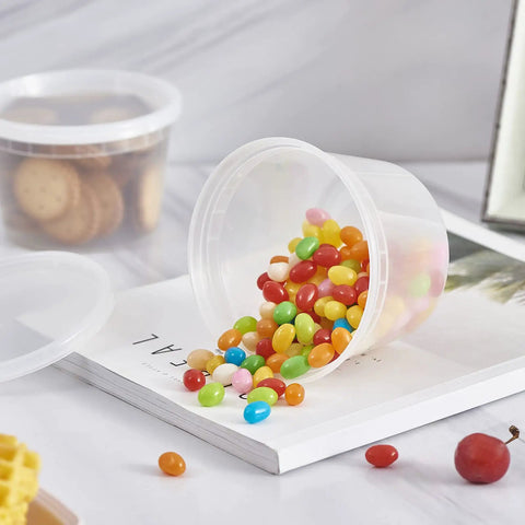 16-Ounce To-Go Food Storage Containers With Lids, BPA Free, Leakproof Microwave Safe, filled with colorful jelly beans on table
