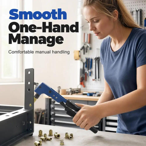 Rivet Nut Tool Kit M3 To M10 With 180 Nuts For Quick Metal Repair In The Shop Grab And Go Wrench Or Drill Heads Included For Fast Installations And Tidy Organized Set, woman using rivet nut tool on metal bracket