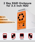 Top Shelf Dual Bay Sata Raid Enclosure For 3.5 Inch Hdd And Ssd rear view with fan, RAID settings, and label features.