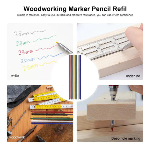 Four Boxes Of 36 Pcs 2B Graphite Carpenters Pencil Leads Refills 12cm Long For Woodworking Concrete Steel Tile DIY Construction White Pack Of Replacement Marking Leads showing use on wood and ruler
