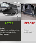 Grab These Heavy Duty Side View Mirror Caps For Tesla Cybertruck Featuring Durable Abs Plastic And Sleek Carbon Fiber Weave Exterior Trim Kit With Straight Snap On Install To Give Your Ride That Fresh Street Ready Edge. After and before comparison of mirror caps.