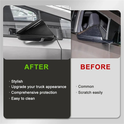 Grab These Heavy Duty Side View Mirror Caps For Tesla Cybertruck Featuring Durable Abs Plastic And Sleek Carbon Fiber Weave Exterior Trim Kit With Straight Snap On Install To Give Your Ride That Fresh Street Ready Edge. After and before comparison of mirror caps.