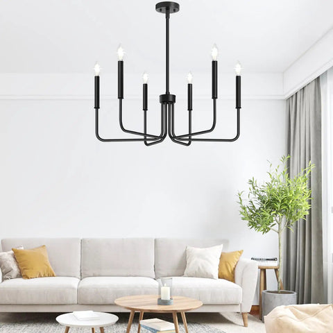 Six Light Farmhouse Industrial Chandelier With Matte Black Finish in modern living room setting