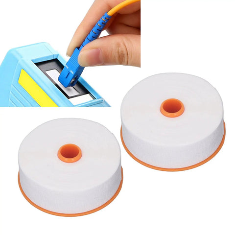 Straight Up Slick Fiber Optic Cleaning Wipes For Optical Gear Dry Or Wet Use Non Woven Cleanroom Paper Pull Out Box Two Pack shown with fiber optic connector.