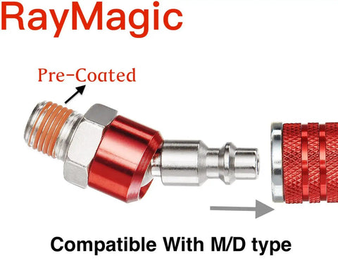 Pro Grade 1/4 Inch Swivel Air Plug Set 6 Pack Steel Red Swivel Air Hose Fittings NPT Male Threads Pre Coated With Sealing For Leak Free Connections Up To 300 PSI High Pressure Keeps Hoses Stable At Any Angle, red steel swivel air plug with pre-coated threads