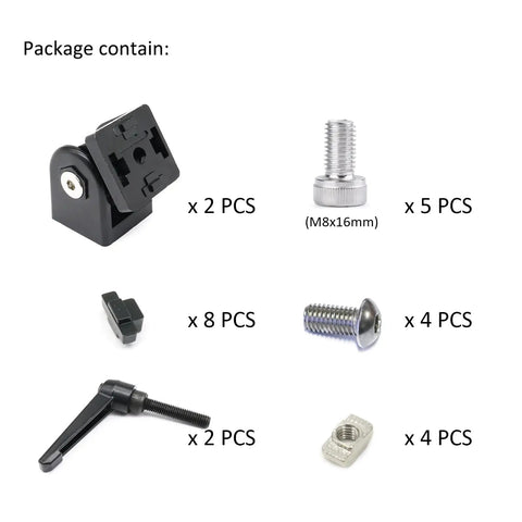 Package contents for Two Pack Black Aluminum Extrusion Pivot Hinges With Handles For 40 Series 4040 4080 V Slot Profiles Swivel Degree Angle Brackets Beefy Heavy Duty Connector Kit For 40x40 Aluminum Frame, with screws and nuts