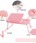Multiuse Bed Lap Desk With Tilted Angles For Laptops Foldable Portable Bed Table, Candy Pink, 5 angle adjustments, close-up features