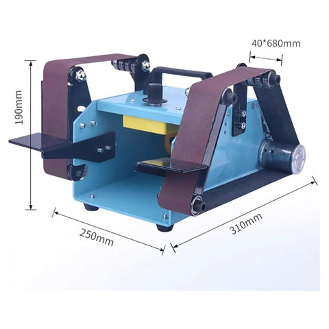 UILMLIO Mini Belt Sander, Benchtop Belt Polisher w Adjustable Table, 950W, compact dual-head design with dimensions shown.