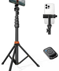 66 Inch Phone Tripod With Remote And Clamp Mount For iPhone And Android Extendable Stand, aluminum construction shown with phone.