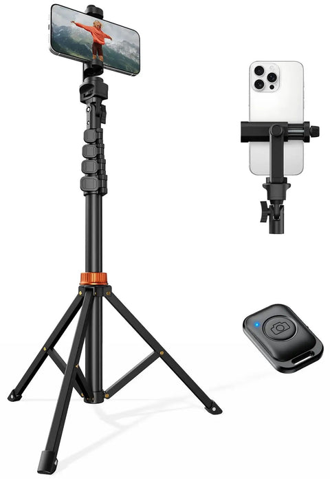 66 Inch Phone Tripod With Remote And Clamp Mount For iPhone And Android Extendable Stand, aluminum construction shown with phone.