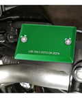 Green front brake fluid reservoir cap installed on ZX-12R, 2000-2005, with DOT3 or DOT4 instructions