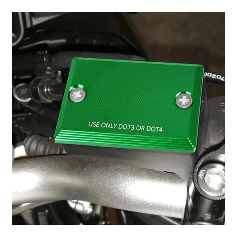 Green front brake fluid reservoir cap installed on ZX-12R, 2000-2005, with DOT3 or DOT4 instructions