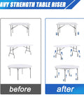 Heavy Duty Four Pack Square Table Leg Extenders Providing Three Adjustable Height Settings From Two To Six Inches For Easy Tool Free Folding Table Mods That Keep Your Gear Looking Sharp And Solid All Day Long - before and after comparison of table heights.