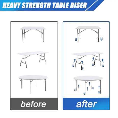 Heavy Duty Four Pack Square Table Leg Extenders Providing Three Adjustable Height Settings From Two To Six Inches For Easy Tool Free Folding Table Mods That Keep Your Gear Looking Sharp And Solid All Day Long - before and after comparison of table heights.