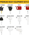 Heavy Duty Construction Equipment Keys Set With 11 Master Keys For Industrial Machines And Lift Equipment Fits JD Case Komatsu Hyster Kubota JCB Bobcat Daewoo JLG Toyota Ideal For Pros And Operators Needs Easy To Add Or Remove On Key Ring with various labeled keys on display