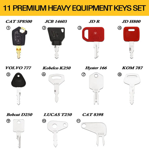 Heavy Duty Construction Equipment Keys Set With 11 Master Keys For Industrial Machines And Lift Equipment Fits JD Case Komatsu Hyster Kubota JCB Bobcat Daewoo JLG Toyota Ideal For Pros And Operators Needs Easy To Add Or Remove On Key Ring with various labeled keys on display