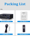 Packing list showing AK45 Pro Amplifier With Bluetooth 5.0, user manual, power cable, and remote control