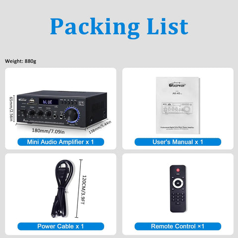 Packing list showing AK45 Pro Amplifier With Bluetooth 5.0, user manual, power cable, and remote control