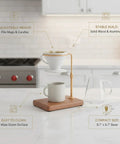 Adjustable Pour Over Coffee Stand, Sleek Wood And Aluminum Dripper Holder For Standard Mugs And Large Carafes, set on kitchen counter.