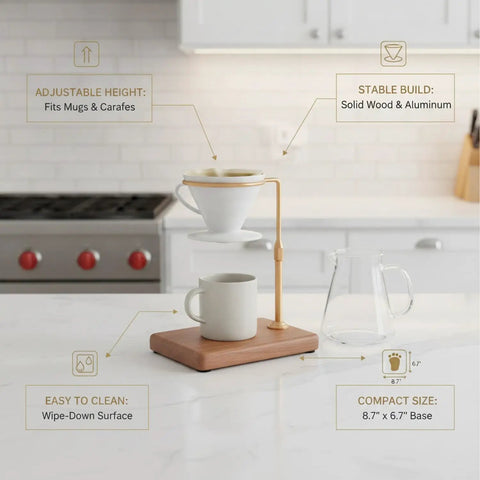 Adjustable Pour Over Coffee Stand, Sleek Wood And Aluminum Dripper Holder For Standard Mugs And Large Carafes, set on kitchen counter.