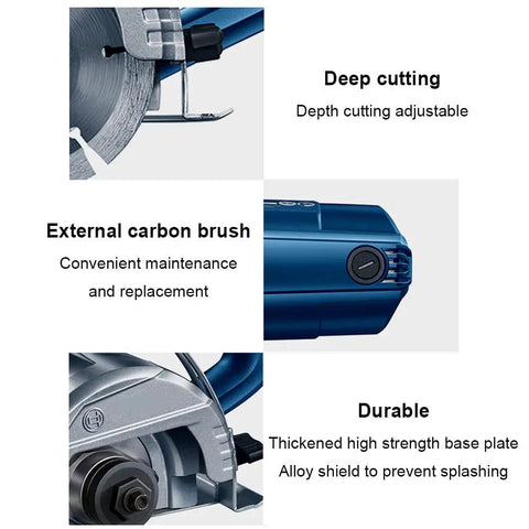 Pro Grade Stone Cutting Machine Featuring A Hella Powerful 1400 Watt Motor And Rapid 13200 RPM Speed for deep cutting, carbon brush, and durable base.