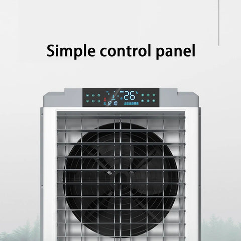 Simple control panel of the Pro Level Portable Evaporative Air Cooler with water tank and digital display.
