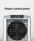 Kick Those Sweltering Days To The Curb With This Portable Swamp Cooler, Housing A Generous Water Tank, 24 Hour Timer, Three Fan Speeds, And Crisp Indoor Outdoor Chill - close-up of control panel with fan speed and temperature display.