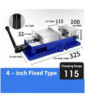 Heavy Duty 4 Inch Precision Bench Vise With Smooth Pull Down Locking Mechanism For Milling And Drilling Machines Secure Metalworking Tool Clamp dimensions with labeled measurements.