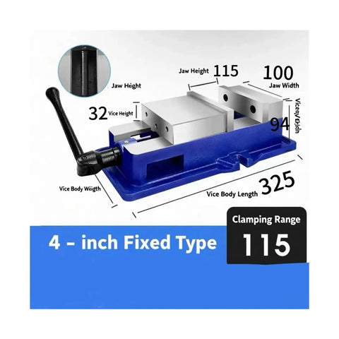 Heavy Duty 4 Inch Precision Bench Vise With Smooth Pull Down Locking Mechanism For Milling And Drilling Machines Secure Metalworking Tool Clamp dimensions with labeled measurements.