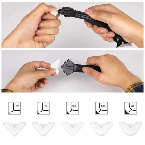 Hands using All In One Silicone Caulking Tool Kit With Stainless Steel Head Grout Remover and pads shown below.