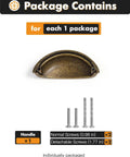 Antique Brass Cup Pulls 3 Inch Center 10 Pack Vintage Drawer Pulls package with screws and handle.
