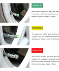 8 Pack Tire Pressure Monitor Valve Stem Caps With 3 Color Eye Alert And Easy Read Sensor Indicator 2.4 Bar 36 PSI Fits Most Cars Trucks SUVs No Hassle Installation Stainless Steel Silver showing normal, warning, and danger indicators on tires.
