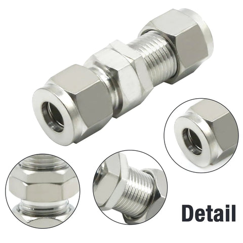 Front view: 2-pack stainless steel OD straight connector adapters with compression nuts, 3/8 inch