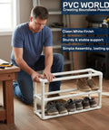 Man assembling DIY shoe rack with One Inch PVC Fittings Four Way Elbow Connector Ten Pack Furniture Grade, UV resistant for furniture frames.