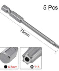 Five Piece T15 Magnetic Torx Screwdriver Bits Set With One Quarter Inch Hex Shank And Three Inch Length In S2 Steel For Industrial Use