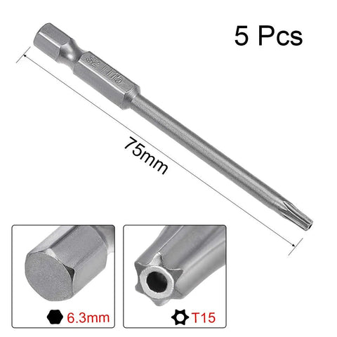 Five Piece T15 Magnetic Torx Screwdriver Bits Set With One Quarter Inch Hex Shank And Three Inch Length In S2 Steel For Industrial Use