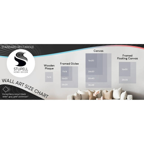 Wall art size chart showing various frame dimensions including canvas, wooden plaque, and framed giclee.