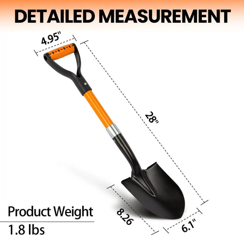 28 Inch Round Shovel With D Handle For Garden Beach Camp Use Fiberglass Handle Workhorse Tool For Transplanting Gravel Sand And Snow Durable Metal Construction with dimensions.