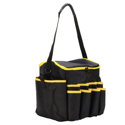 Heavy Duty Oxford Tool Organizer Bag With Removable Divider And Nonslip Rubber Feet Built Like A Tank For Tradesmen And Diy Crew Portable 20 Liter Carry Tote with black and yellow design, handle, and pockets.