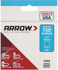 Heavy Duty One Half Inch T50 Steel Staples In A Massive Twelve Five Zero Pack showing 1250 count box and genuine Arrow branding.