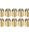 10 Pack Brass Ball Spring Plungers 5X6MM positioned in a row showing brass housing and steel balls for cabinet hardware assembly.