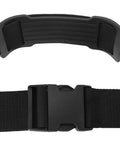 Close-up of black buckle and strap from Dive Tank Backpack For Scuba Gear, Black Back Harness With Anti Skid Grip, 14.2 By 9.4 Inch.