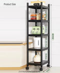 Five Tier Carbon Steel Storage Rack With Smooth Rolling Wheels Heavy Duty Metal Shelving Unit Extra Thick Frame Roomy Organizer For Home Office Pantry Entryway Black product size dimensions and storage items in kitchen setting