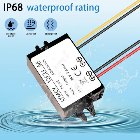 12V To 24V Boost Converter Waterproof IP68 Module, 5A 120W Step Up Power Supply For Car Truck Boat RV Van, shown with wires
