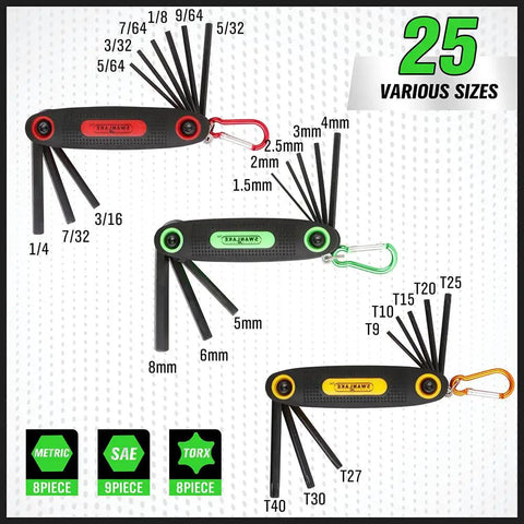 Folding Allen Wrench Set 25 Piece With Metric SAE And Torx Hex Keys In Durable Cr-V Steel With Black Oxide Finish And Rubber Grip