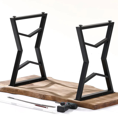 Black Metal Table Legs 28 Inch High By 20 Inch Wide Set Of 2 With Star Design on wooden surface, pre-drilled mounting plate visible.